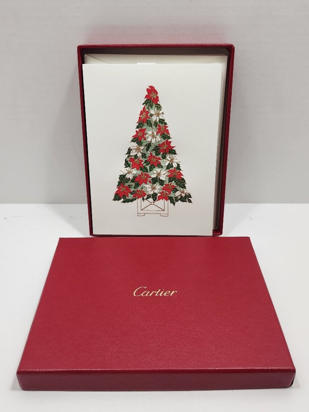 NEW VTG Cartier Luxury Christmas Cards Boxed Set of 10 Embossed Poinsettia Tree